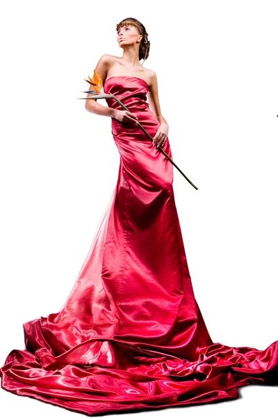 Красивая девушка в длинном красном платье держит экзотический цветок в руке на белом фоне — стоковое фото