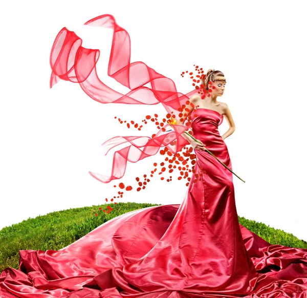 Hermosa chica en un vestido largo rojo sostiene la flor exótica en una mano —  Fotos de Stock
