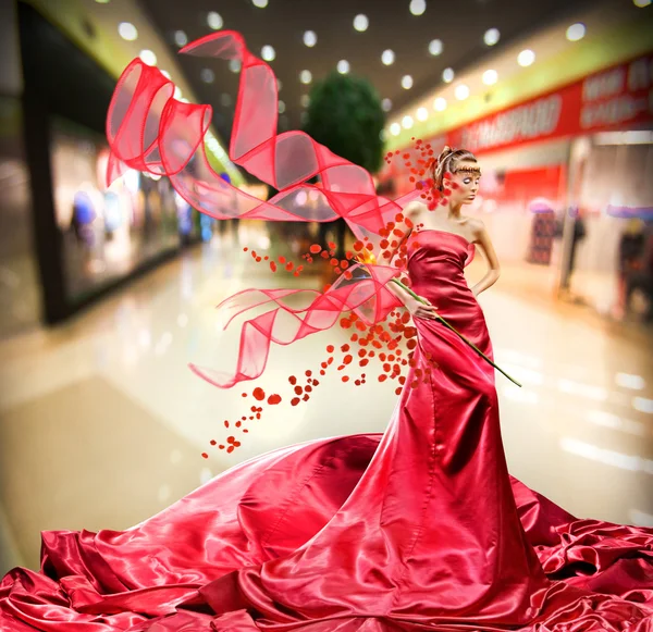Beautiful Girl Red Dress Background Interior — Stock Photo, Image