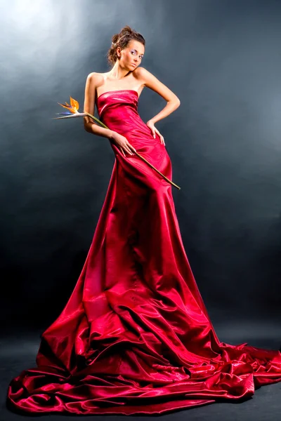 Mooi meisje in een lange rode jurk houdt exotische bloem in een hand — Stockfoto