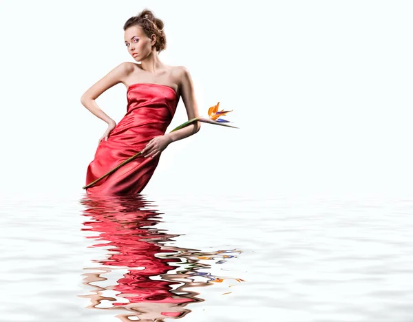 赤いドレスの美しい若い女性は、水に立っています。保持しています。 — ストック写真