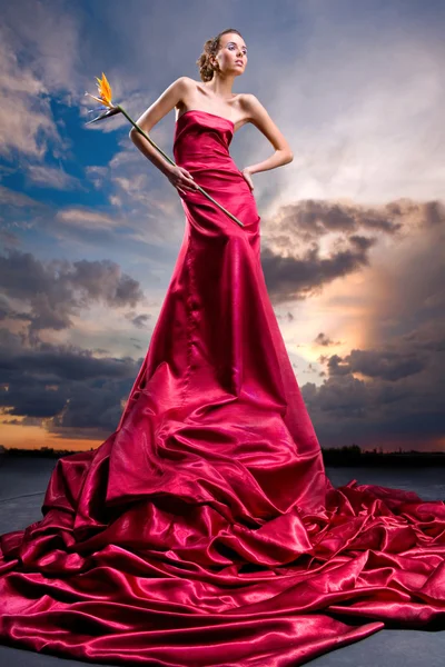 長い赤いドレスで美しい少女は、h で、エキゾチックな花を保持します。 — ストック写真