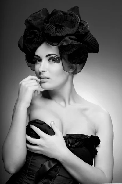 Black White Closeup Portrait Beautiful Young Woman Fashion Art Photo — Stock Photo, Image