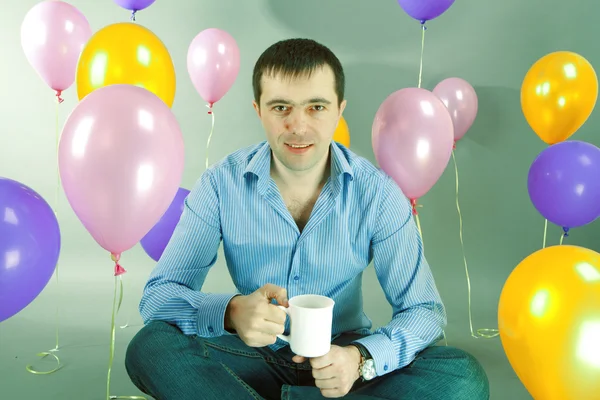 Man Cup Hands Balloons — Stock Photo, Image