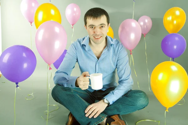 Man Cup Hands Balloons — Stock Photo, Image