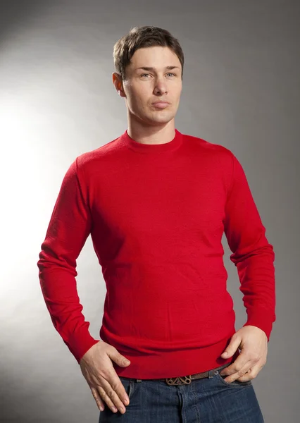 Young Men Dressed Red Sweater Jeans — Stock Photo, Image