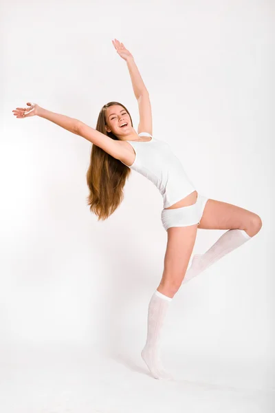 Unga underkläder modell kul på en vit bakgrund — Stockfoto