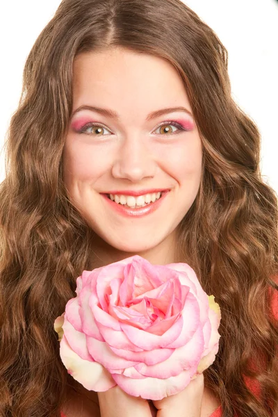 Retrato Hermosa chica con flor. Concéntrate en ojos — Foto de Stock