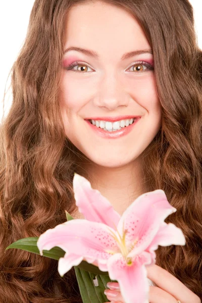 Friss Szép Lány Virággal Portréja Lágy Fókusz Hangsúly Szem — Stock Fotó