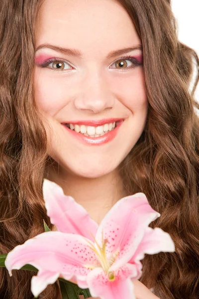 Porträtt Vacker Flicka Med Blomma Fokusera Ögonen — Stockfoto