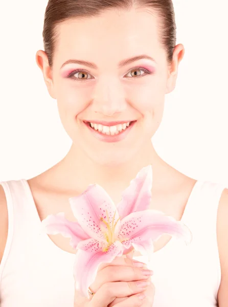Portrait Beautiful girl with flower. Focus on eyes — Stock Photo, Image