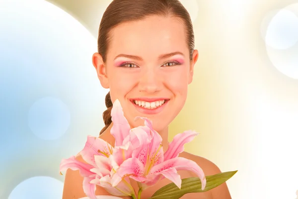 Szép Fiatal Lány Virággal Hangsúly Szem — Stock Fotó