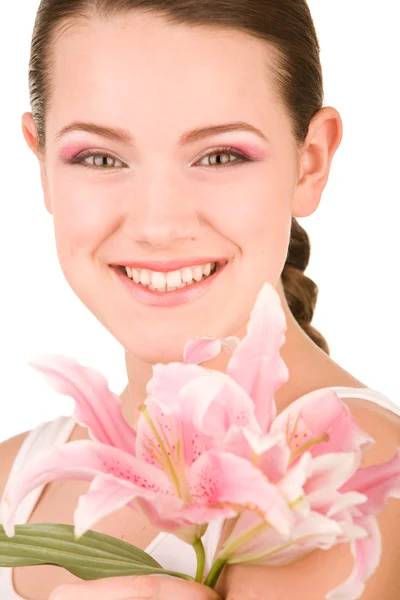 Retrato Hermosa Chica Con Flor Foco Suave Concéntrate Ojos —  Fotos de Stock