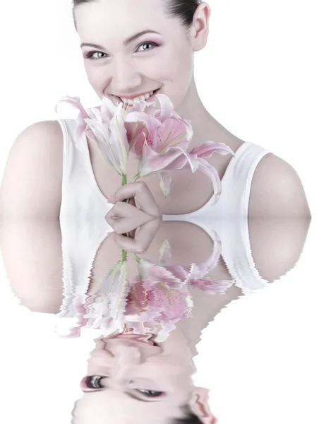 Retrato Menina Fresca Bonita Com Flor Foco Suave Foco Nos — Fotografia de Stock