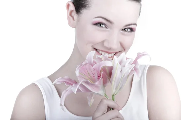 Retrato Niña Fresca Hermosa Con Flor Foco Suave Concéntrate Ojos —  Fotos de Stock