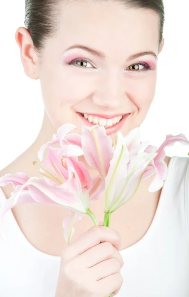 Retrato Niña Fresca Hermosa Con Flor Foco Suave Concéntrate Ojos — Foto de Stock