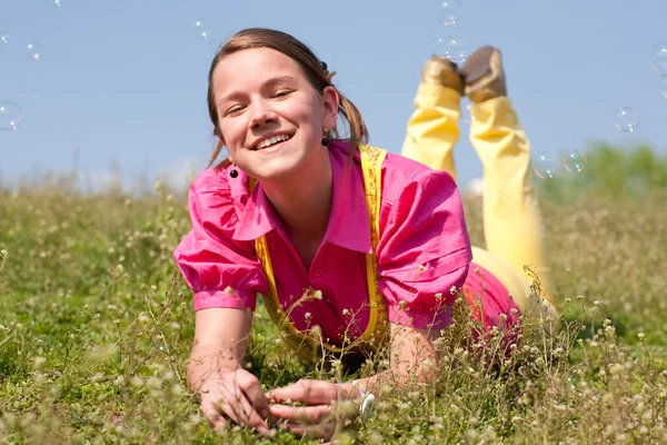 Pretty Smiling Girl Relaxing Green Meadow Full Flowers Soft Focus — Stock Photo, Image