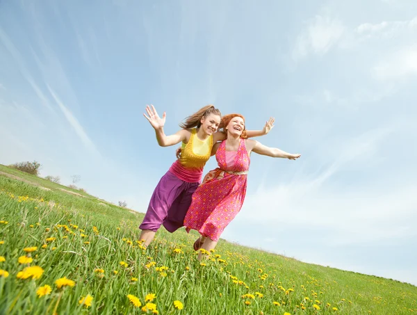 有趣的母亲和女儿在绿色草地上 — 图库照片