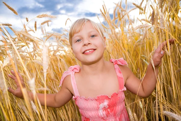在小麦田中的小女孩 背景是多云的天空 — 图库照片