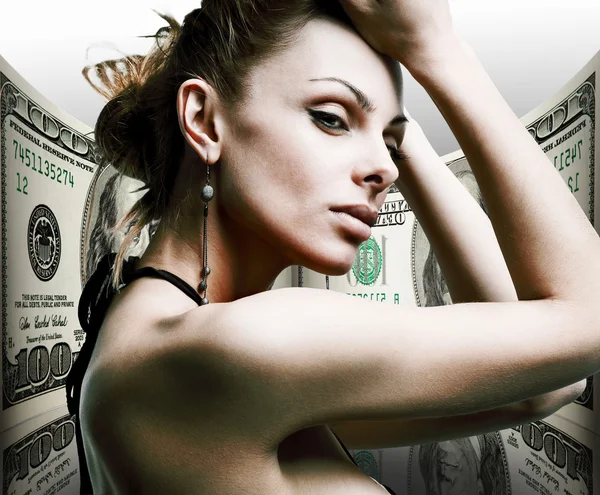 Portrait Beautiful Young Woman Money 100 American Dollars — Stock Photo, Image