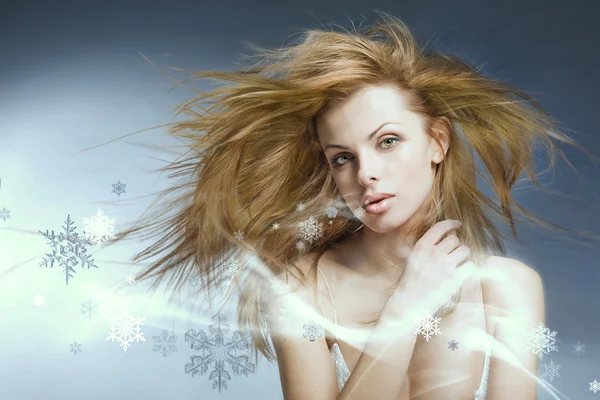 Portrait Beautiful Young Woman Snowflakes — Stock Photo, Image