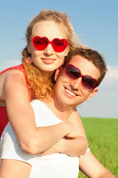 Young Love Couple Smiling Blue Sky Stock Image