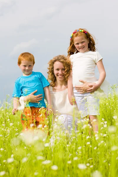 Мать с детьми Развлекается на поле Стоковое Изображение