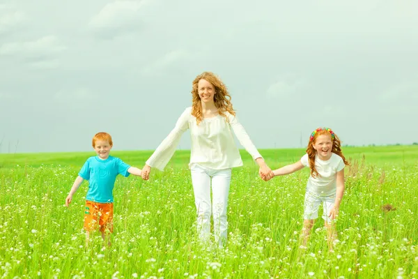 Мать с детьми выходит на поле Стоковая Картинка