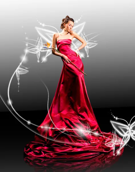 Schöne Mädchen Roten Kleid Gegen Fantasie Schmetterling Leuchtend Stockfoto