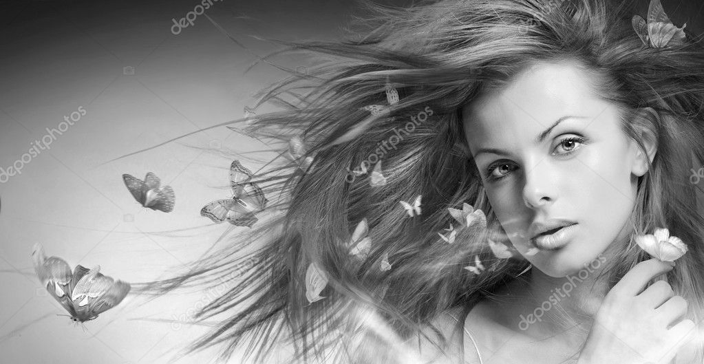 Portré Gyönyörű Fiatal Nő Pillangó — Stock Fotó © Edfoto 4713734 6091