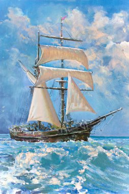 Drawing of boat is under sail, painting clipart