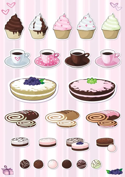 Set of desserts, sweetnesses and baking — Stock Vector