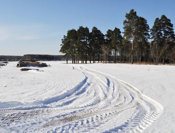 Estrada de inverno na borda da floresta no inverno — Fotografia de Stock
