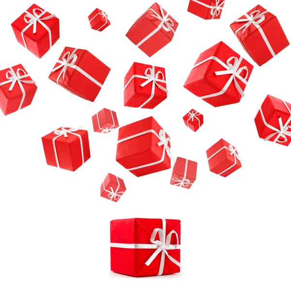 Літаючі червоні подарункові коробки — стокове фото