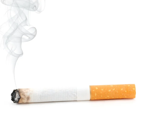 Smouldering cigarette with smoke isolated on whi — Stock Photo, Image