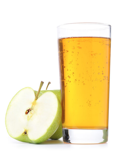 Glass of apple juice and green apples isolated o