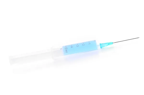 Syringe with blue liquid isolated on white — Stock Photo, Image