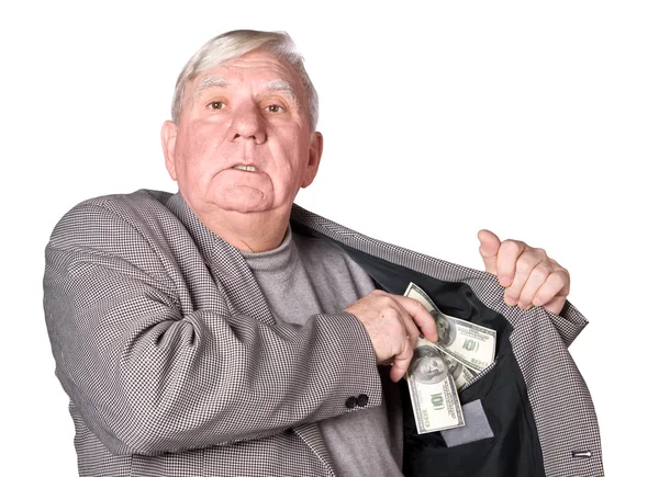Äldre man lägger pengar — Stockfoto