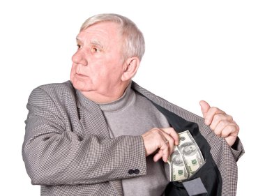 Elderly man puts money clipart