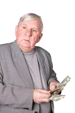 Elderly man considers money clipart