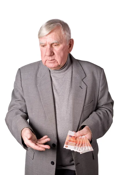 Elderly man with money in hands — Stock Photo, Image