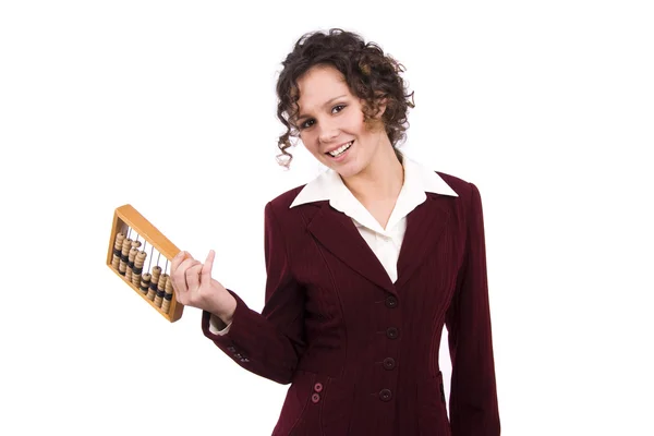 Zakenvrouw met houten abacus. — Stockfoto
