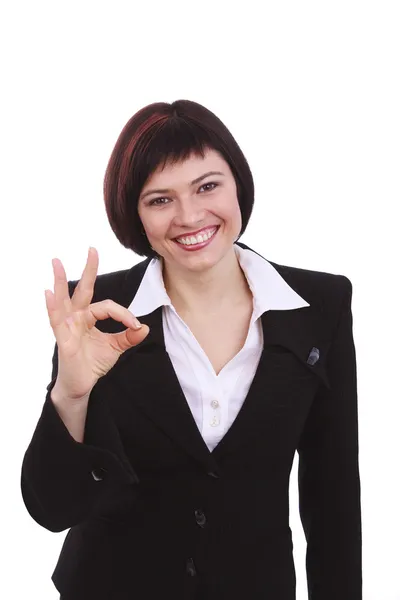 Mulher de negócios mostrando o sinal tudo OK — Fotografia de Stock