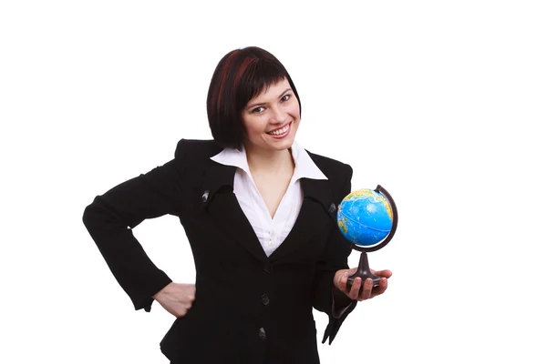 Mulher de negócios segurando globo terrestre — Fotografia de Stock