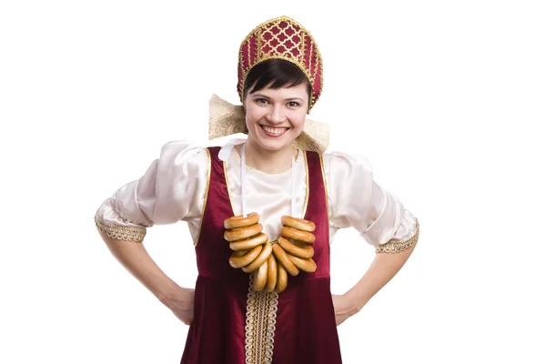 Vrouw in russiancostume met brood-ring. — Stockfoto
