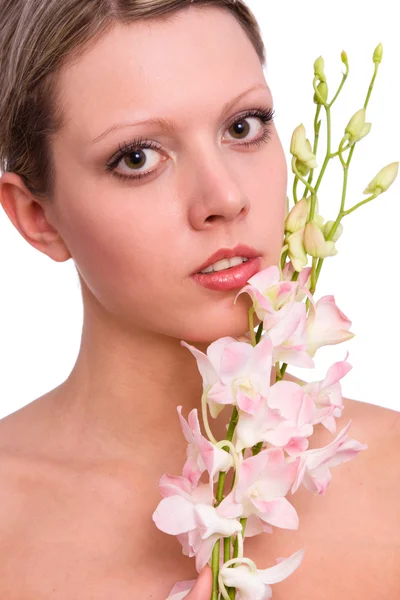 Portrét ženy s orchidejí — Stock fotografie