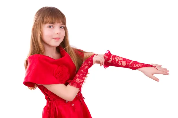 Kız, kırmızı elbise ve eldivenler giyiyor.. — Stok fotoğraf