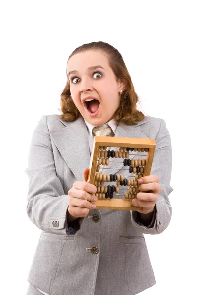 Affärskvinna med trä abacus. — Stockfoto