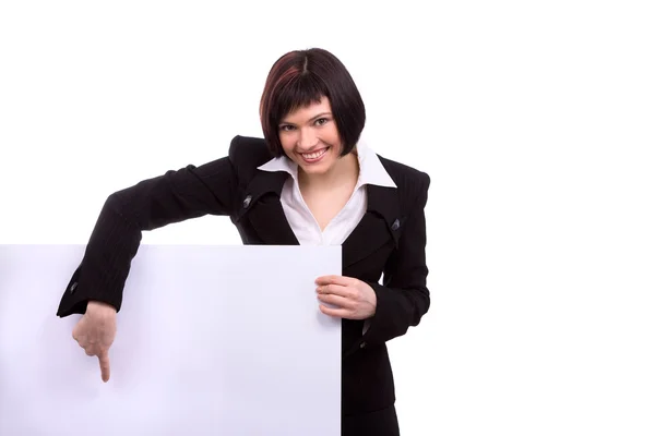 Geschäftsfrau zeigt auf Plakatwand. — Stockfoto