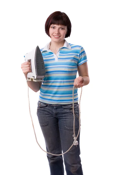Frau mit elektrischem Bügeleisen — Stockfoto